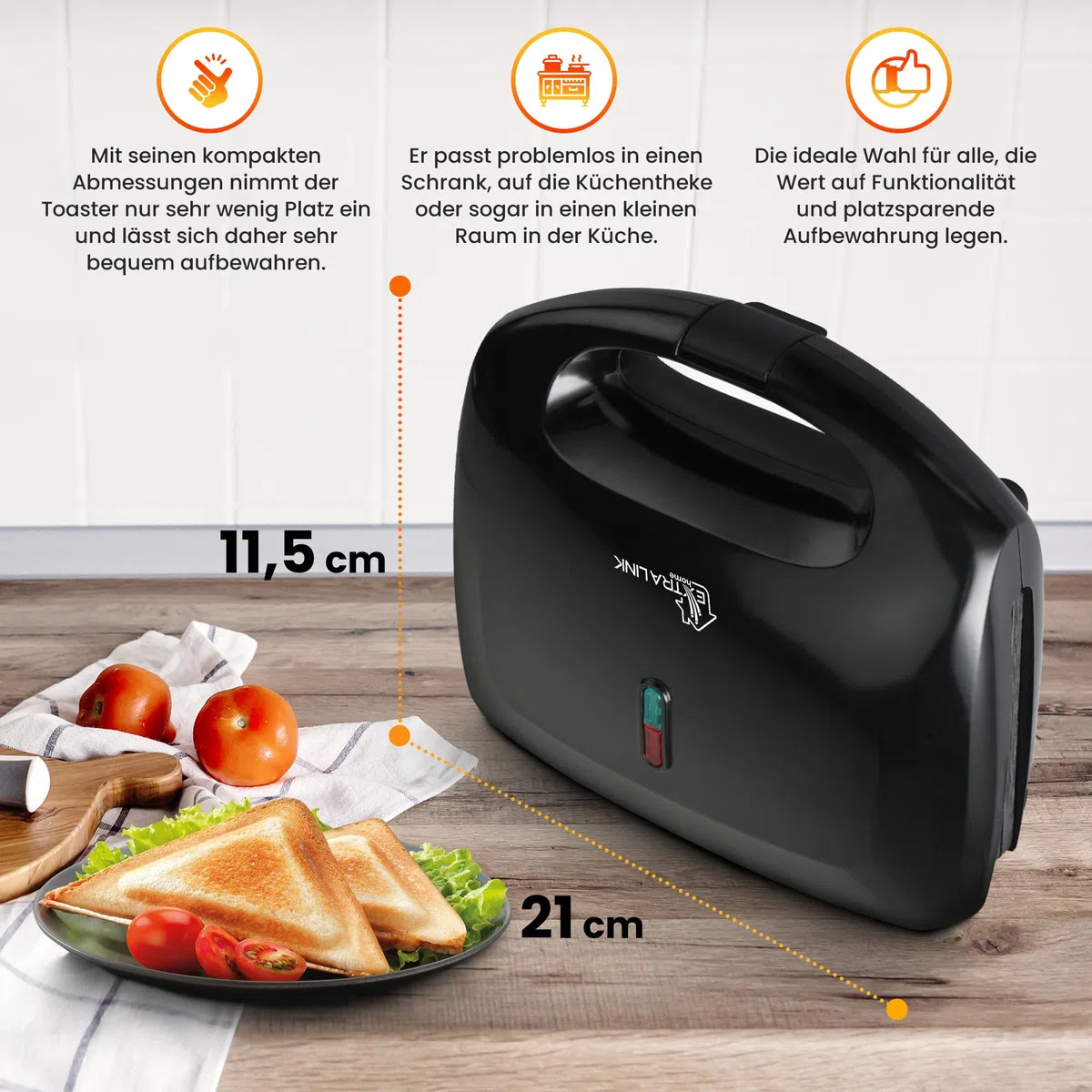 Extralink Sandwichmaker, Toaster Sandwichtoaster 750W - Sandwichtoaster mit Rutschfesten Füßen, Isoliertem Griff, Kontrollleuchten, Antihaftbeschichtung, leicht zu reinigen, dreieckige Toast