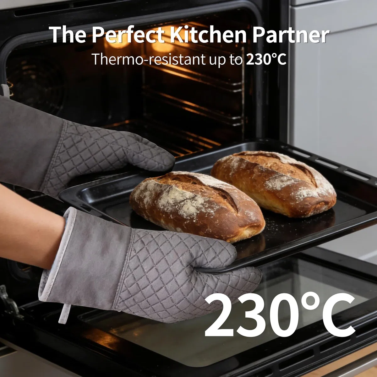 Ofenhandschuhe & Topflappen Set 8-teilig, Hitzebeständig bis 230°C, rutschfest mit Silikon, Baumwolle Innenfutter, Backhandschuhe für Küche, Grillen, Backen & BBQ