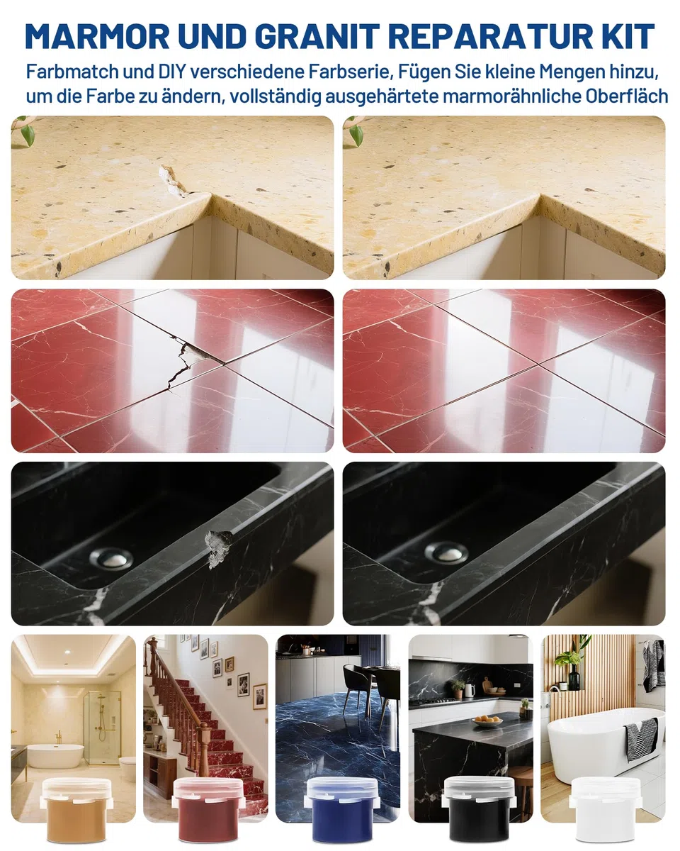 Marmor und Granit-Reparaturset (Farbübereinstimmung), 160g Fliesen Reparaturset für Chips Löcher Dellen Defekte Kratzer Risse, DIY Fix Porzellan Fliesen Waschbecken Stein Andere harte Oberflächen