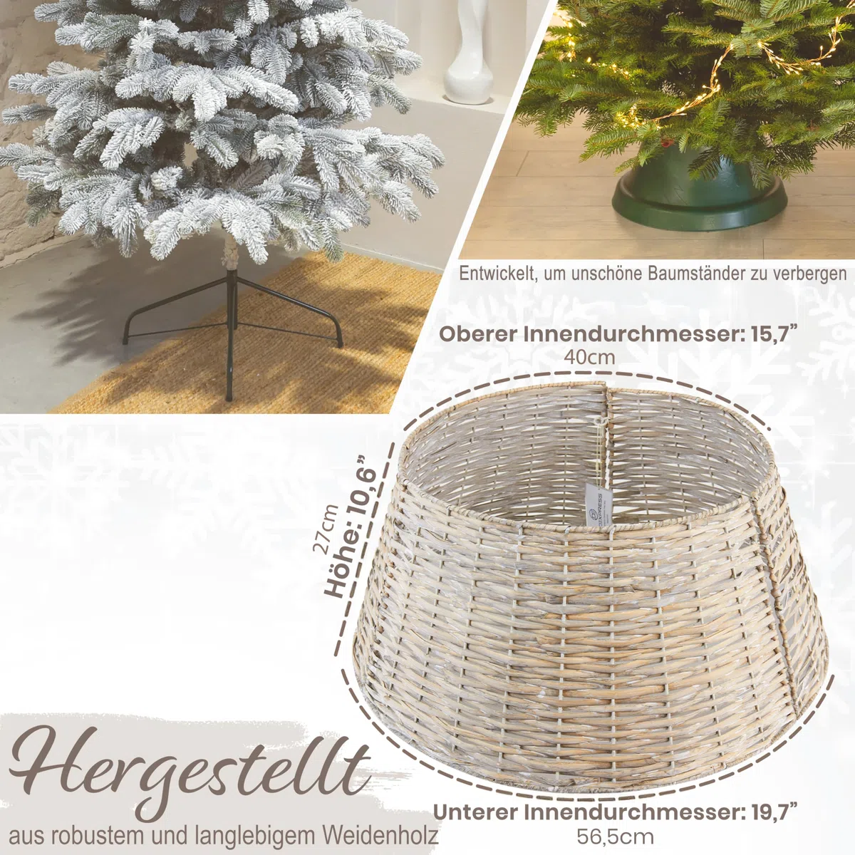 DECO EXPRESS Weihnachtsbaum Rock, Geflochtener Korb für Tannenbaum, Abdeckung Christbaumständer, Deko für Weihnachten, 40 x 27 cm (Hellbraune Weide, Top 40cm/Base 56.5cm)