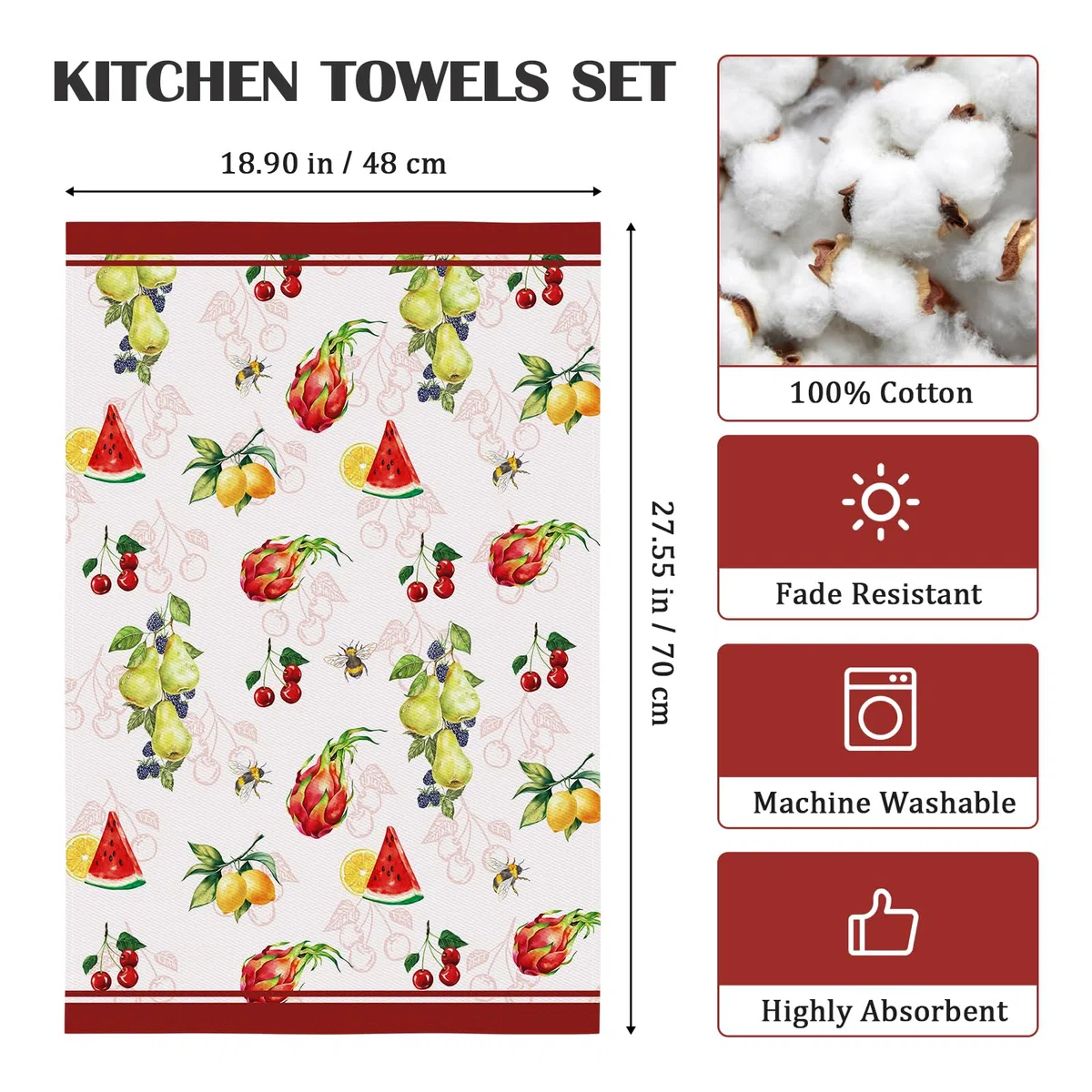 Küchentücher Baumwolle 4 Stück, Geschirrtücher 100% Baumwolle Obst Küchenhandtuch Set Multi-Purpose Hochwertige Küche Trockentuch Bar Handtücher 48 x 70CM