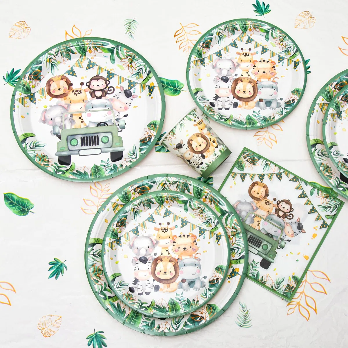 Dschungel Safari Partygeschirr Set, 96 Dschungel Safari Pappteller Kindergeburtstag, Grün Tiere Pappteller Servietten Becher, Party Animals Partygeschirr für Wild One Geburtstag Jugendweihe Junge