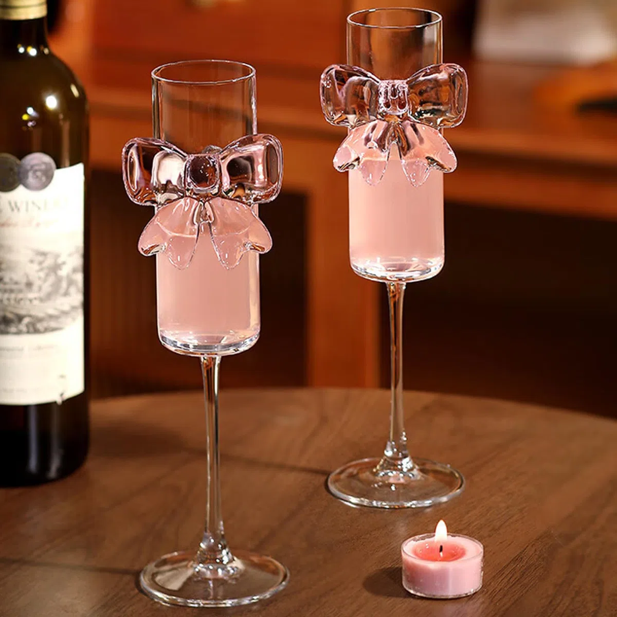Kokett-160ml Glasbecher, rosa Schleife, Champagner, klare Gläser, Wein, Cocktails, Gläser für Zuhause, Bar, Hochzeit, Brautparty, Junggesellinnenabschied, 2 Stück