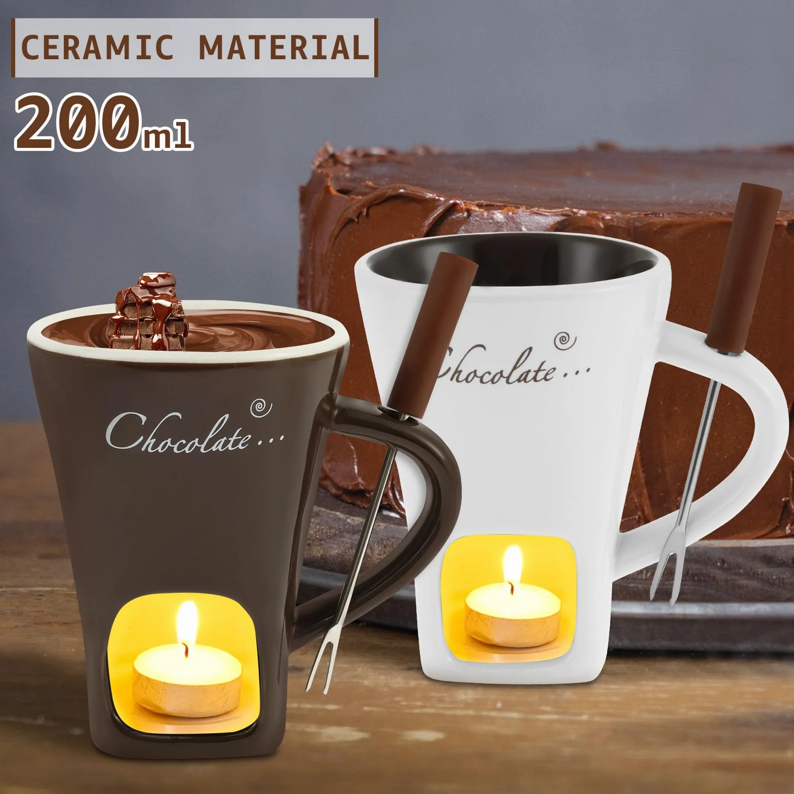 2 Stück Keramik Schokofondue Tasse,Becher zum Schmelzen von Schokolade mit Gabel,200ml Schokoladen Fondue Becher Set,Mehrzweck Schokoladenfondue Becher für Käse,Schokolade,Butter und Karamell