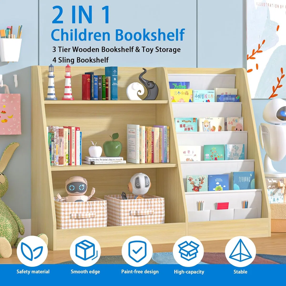 Kinderregal mit 4 Ablage und 3 offenen Fächern, Bücherregal für Kinder, Kinderzimmerregal, Bücherregal Aufbewahrungsregal für Kinder, Spielzeug-Organizer für Spielzimmer, 80 x 30 x 67.5 cm (Eiche)