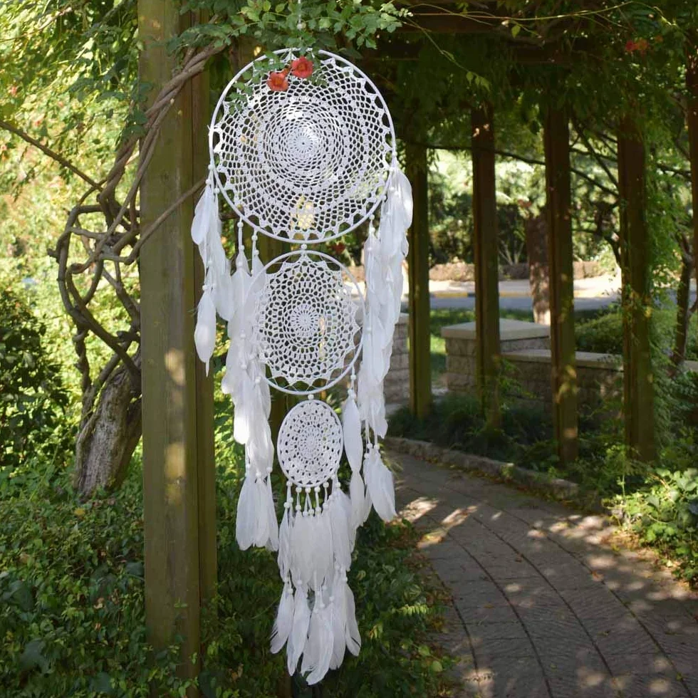 Extra Großer Traumfänger im Boho-Stil, mit 3 Kreisen, weißer Feder, Makramee, Wandbehang für Vintage-Hochzeit oder zur Heimdekoration, 35 cm Kreis, 110 cm lang