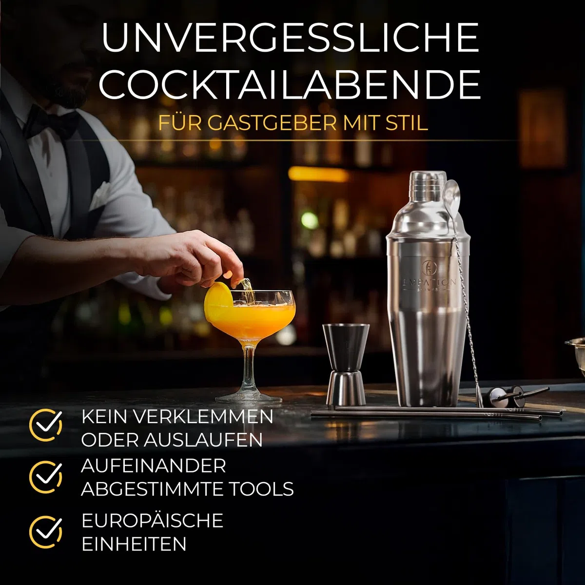 EMPATION Cocktail Shaker, 7-teiliges Cocktail Set - 700 ml Cobbler Shaker aus Edelstahl, minimalistisches Cocktail Zubehör, Bar Set für Anfänger & Profis, Cocktailshaker Set als Präsent geeignet