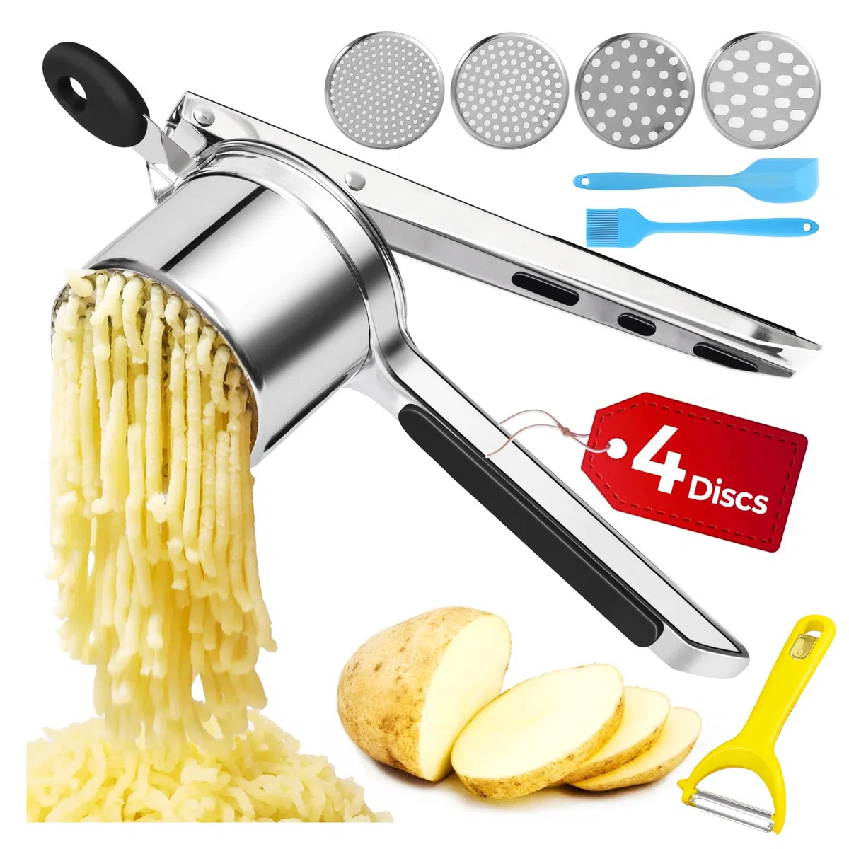 Kartoffelstampfer Edelstahl, Kartoffelpresse mit 4 Auswechselbaren Schneidplatten 3 Zubehörteile, zur Herstellung von Kartoffelpüree, Gemüsepürees, Säften Gemüsepressen, Spätzlepresse, Spülmaschine