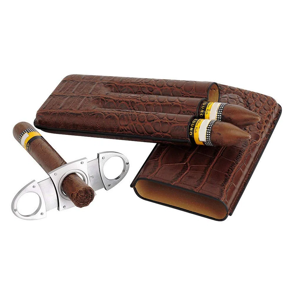 PIPITA Zigarrenetui aus Leder, 3 Tubes Zigarren Humidore aus Krokodile Getreide Leder Zigarrenschneider aus Edelstahl inkl.Tragbare Reise-Zigarrentasche Zigarren Etui (Braun für 3 Zigarren)