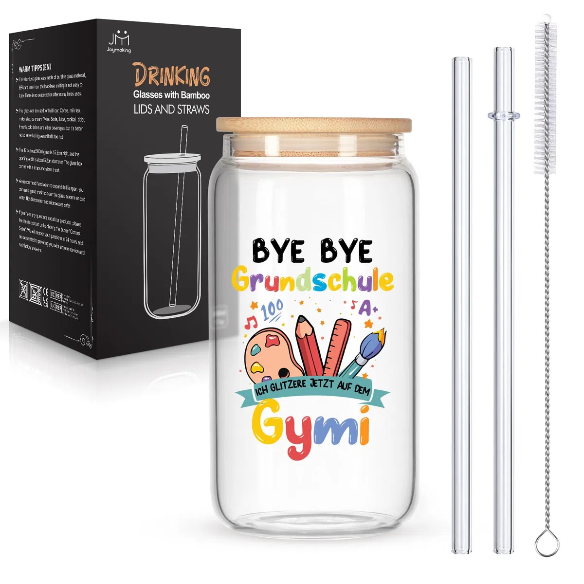 Joymaking Trinkgläser mit Deckel und Strohhalmen für Eiskaffee Cocktails Fruchtlikör Eistee Soda 17oz, Geschenke für Weiterführende Schule, Gymnasium Einschulung, 5 Klasse Geschenk Mädchen Jungen