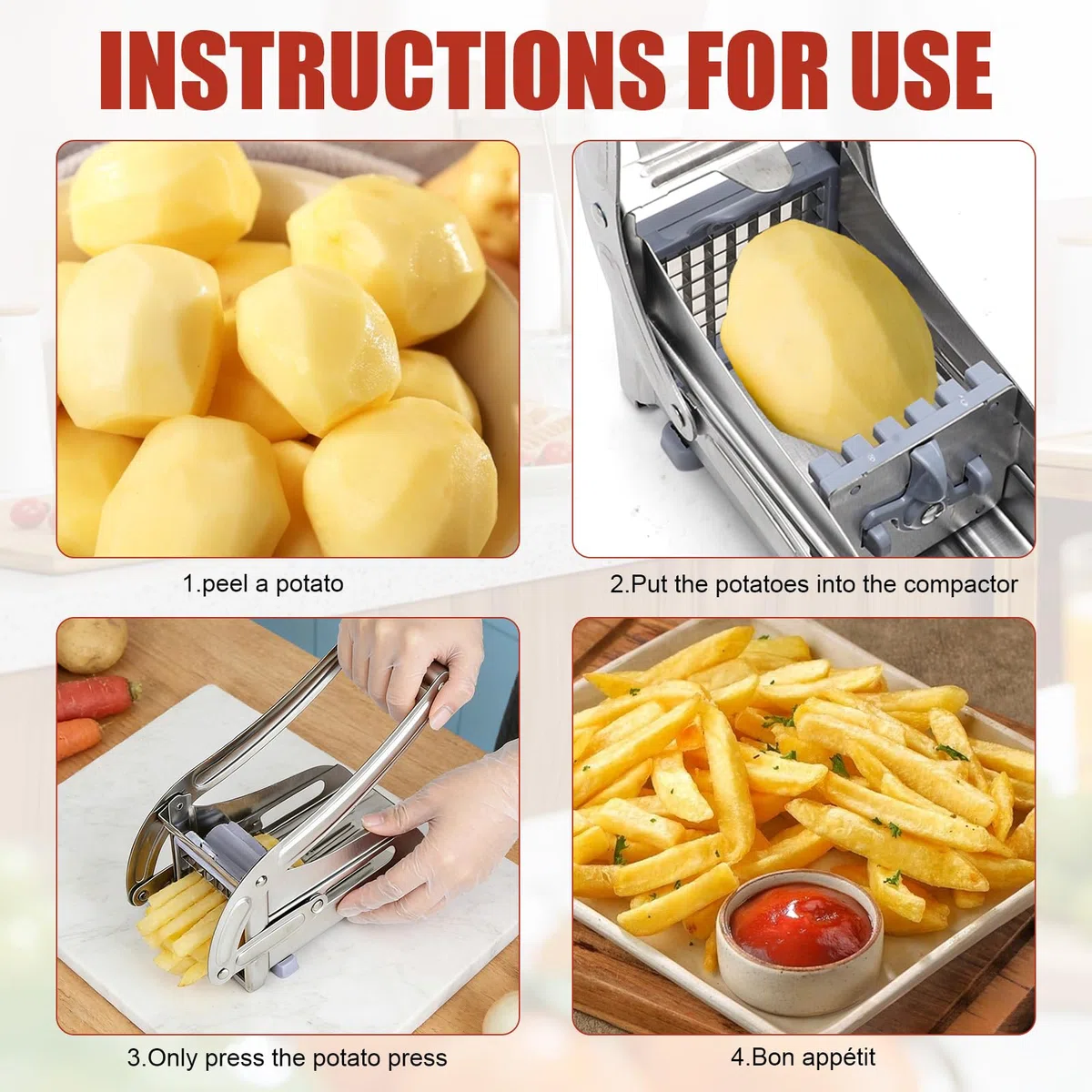 CEWROM Pommesschneider Edelstahl, Pommespresse mit 2 Klingengrößen (36/64 Raster), Pommes Schneider mit Rutschfester Gummibasis, Pommes Frites Schneider für Ganze Kartoffeln, Karotten, Gurken, Zwiebel