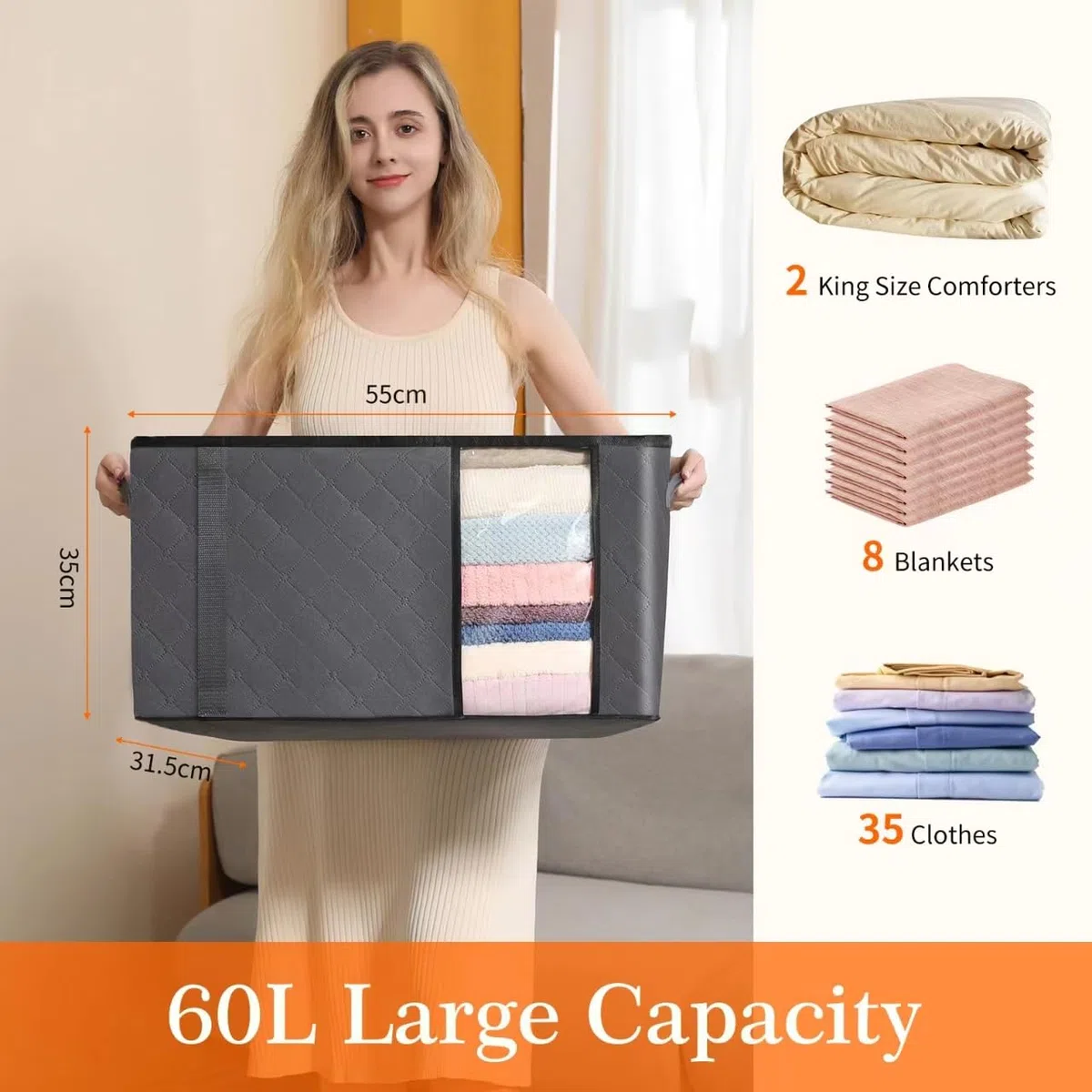 6 Stück 60L Aufbewahrungstasche, Aufbewahrungsbox mit Deckel, Große Kleideraufbewahrung Umzugskartons, Faltbare Aufbewahrung Boxen für Bettdecken Decken Kleidung Unterbett Kleiderschrank