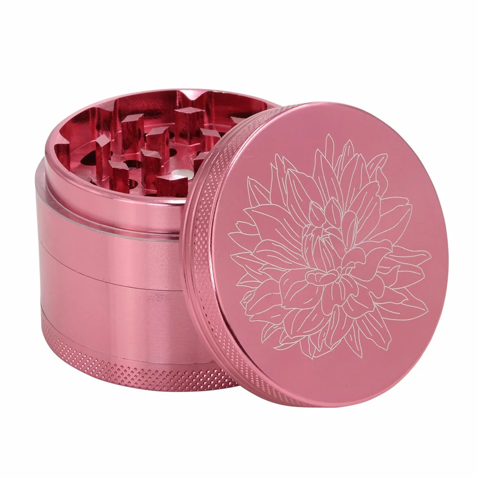 DCOU Premium Aluminium Grinder Crusher mit Blumen auf dem Deckel Magnetisch Ø55mm Metall Spices Grinder 4 Teilig