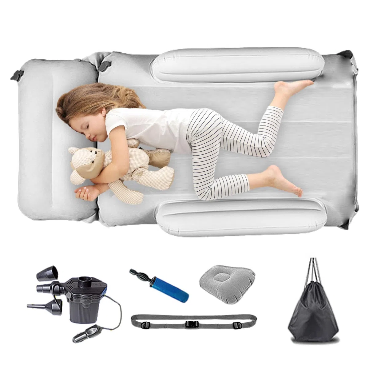 Flugzeug Sitzverlängerung Kinder, Kinder Flugzeug Fußstütze mit Luftpumpe und Kissen, Kinder Reisebett, Leicht Faltbar, Kleinkinder Reise Essentials, mit Aufbewahrungstasche