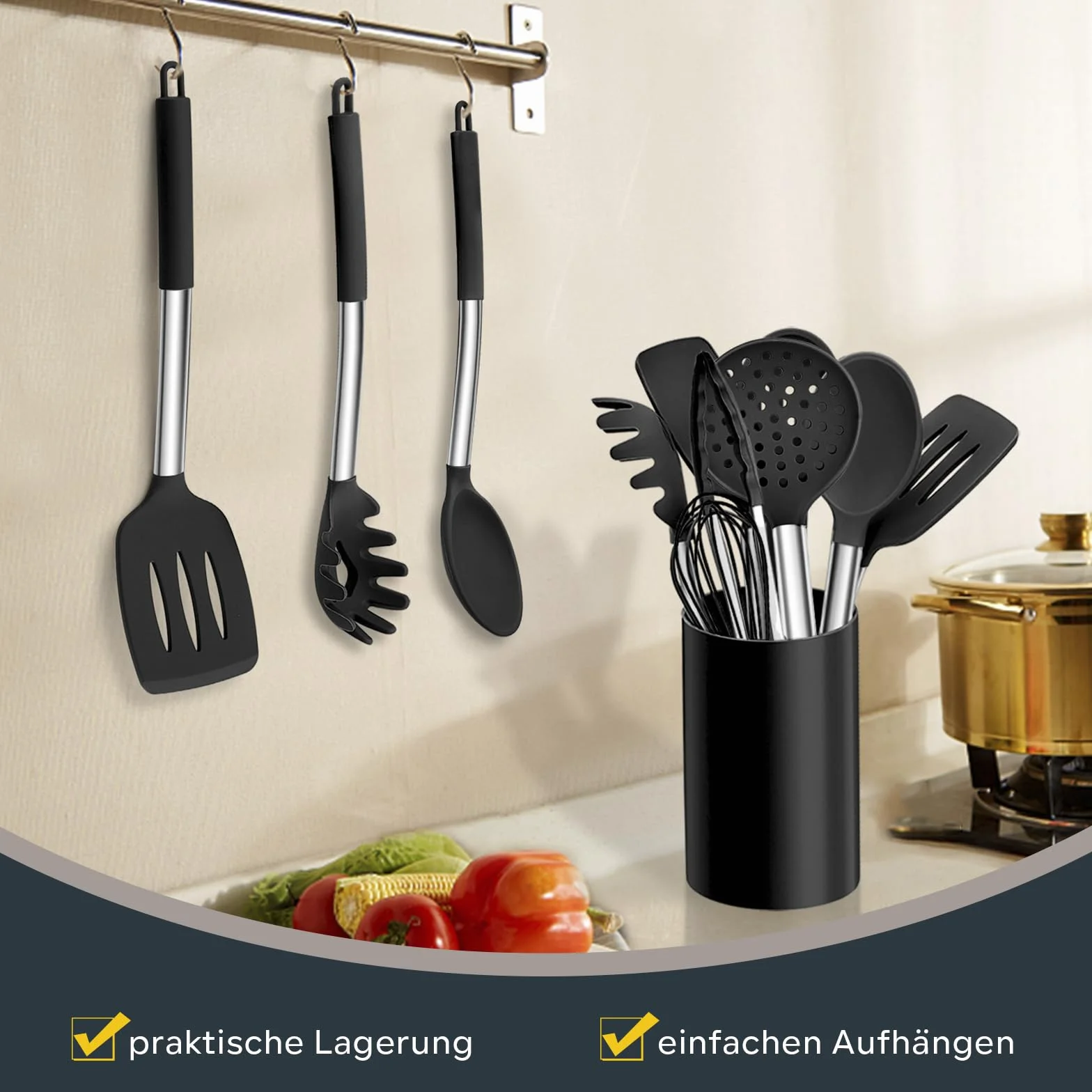 Küchenhelfer Set, Homikit 10 Stück Silikon Küchenutensilien Kochbesteck Set mit Edelstahlgriff, Antihaft Hitzebeständiger Schwarz Kochutensilien Set, Gesund, Spülmaschinenfest