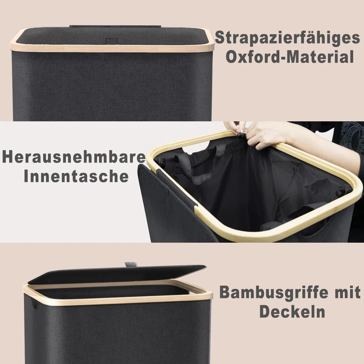Schmaler Wäschekorb mit Deckel 100L, Bambusdeckel & herausnehmbarer Wäschesack, hoher Wäschesammler in Schwarz, platzsparende Wäschetruhe für Wohnzimmer, Waschküche, Schlafzimmer & kleines Bad