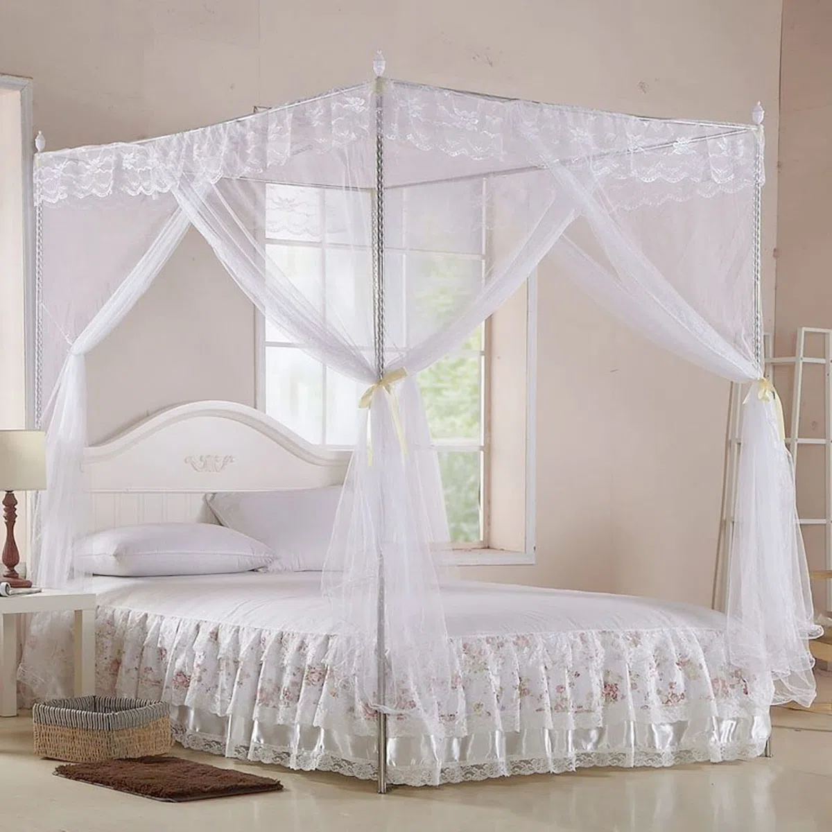 KIMISS Bettvorhang Betthimmel Weiß Polyester Luxus Prinzessin DREI Seitenöffnungen Bettvorhang Baldachin Netting Moskitonetz Bettwäsche (L) (150 * 200 * 200)