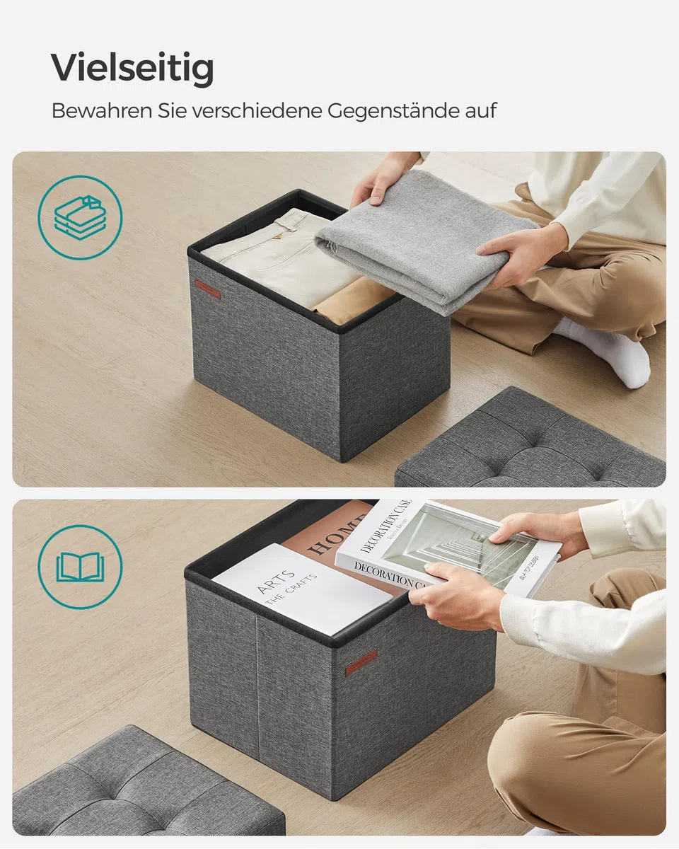 SONGMICS Sitzhocker mit Stauraum, kleine klappbare Sitzbank, 31 x 41 cm Fußbank, Aufbewahrungsbox, bis 130 kg belastbar, für Wohnzimmer Schlafzimmer Schlafsaal, dunkelgrau LSF102G01