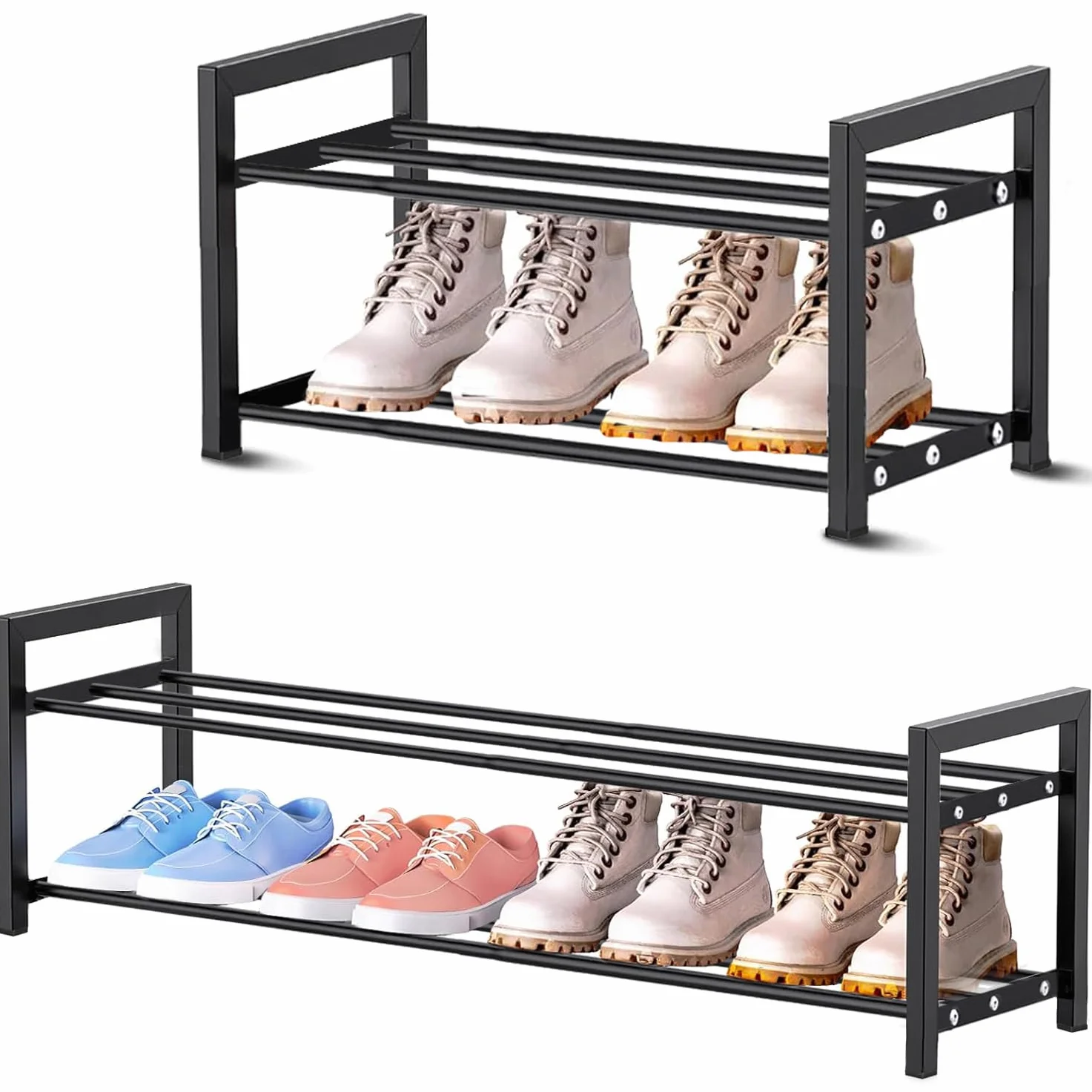 Expandable Schuhregal Schmal 2 Ebenen Adjustable Ausziehbar Klein Metall Schuhaufbewahrung 45 to 80cm, Schwarz Schuhregal Platzsparend für Diele, Flur DraußEn Outdoor Camping