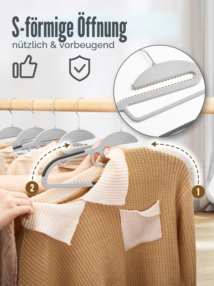 HOUSE DAY 20 Stück Kleiderbügel Kunststoff - Nass und Trocken Rutschfester Kleiderbügel Platzsparend Kunststoff Strapazierfähig 360°Haken Kleiderbügel Plastik（Grau/mit schwarz Gummistab）