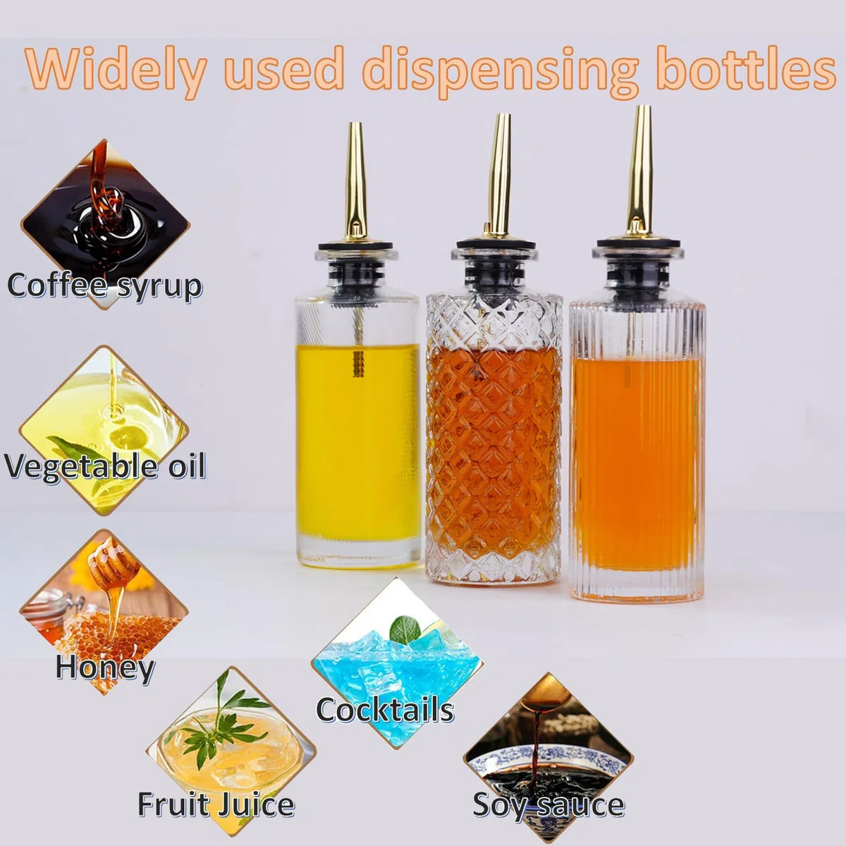 Oudizz Essig und ölflaschen Set mit Ausgießer 3 Stück - 200ml Kaffee Sirup Spender mit Metall Gießen für Kaffeebar - Kaffee Sirup Spenderflasche mit Ölgießdüse, Trichter, Karte, Stopfen