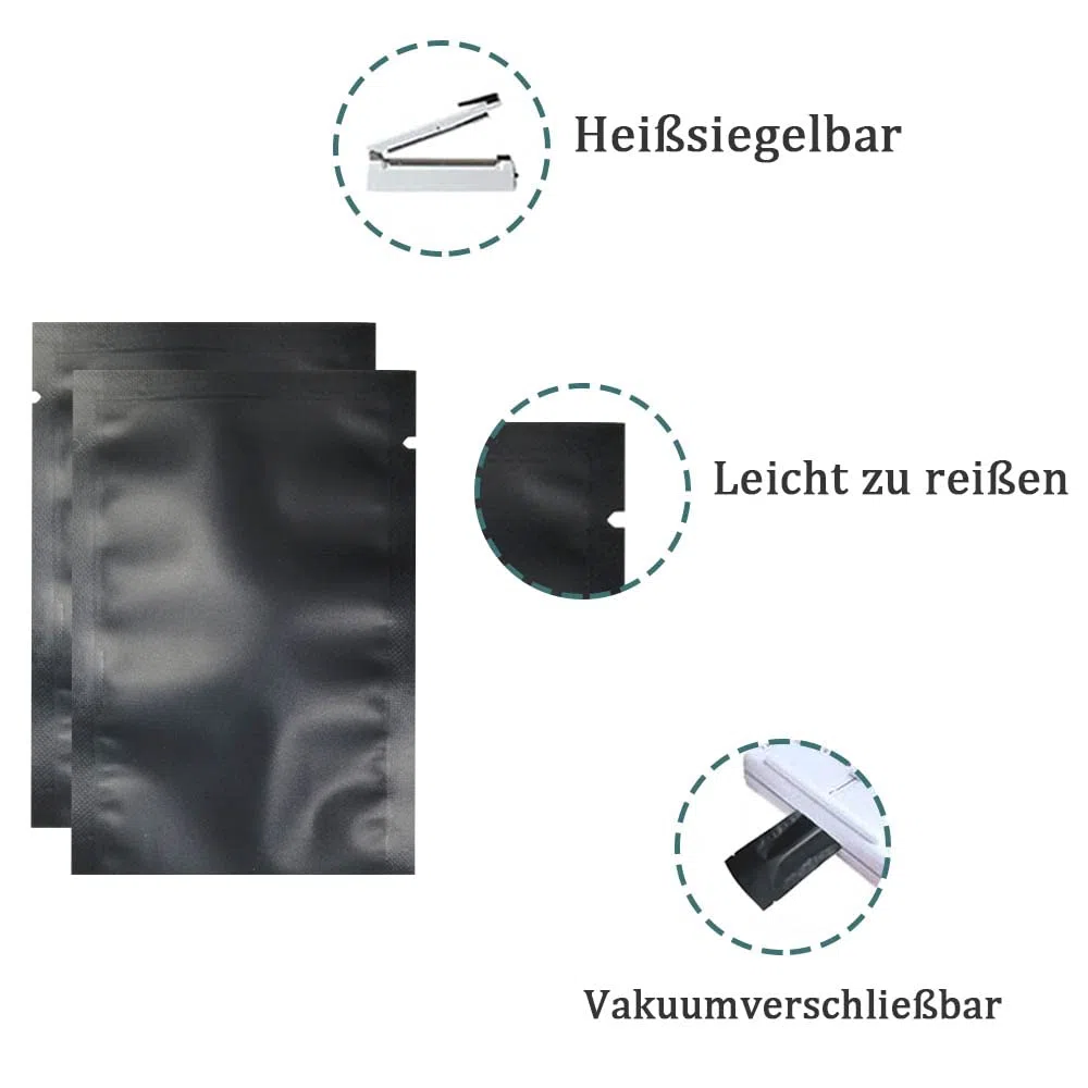 200 Stück Flache Open Top Mylar Beutel Vakuumversiegelbar Langfristige Aufbewahrung von Lebensmitteln Matter Beutel Heißversiegelbar mit Aufreißkerbe (8x12cm(3.15x4.72inch), Schwarz)