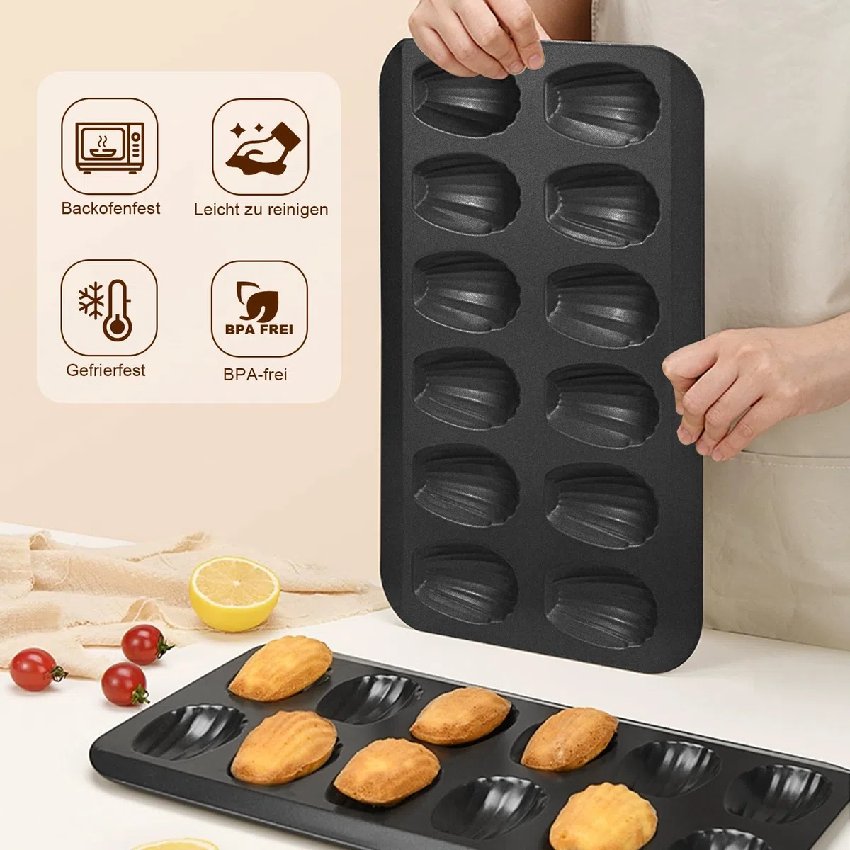 OAMCEG Madeleines Backform, 12 Mulden 2 Stück Madeleine Form, Antihaftbeschichtet Karbonstahl mit Backpinsel für Ofen Backen Schokolade Brownies Kekse