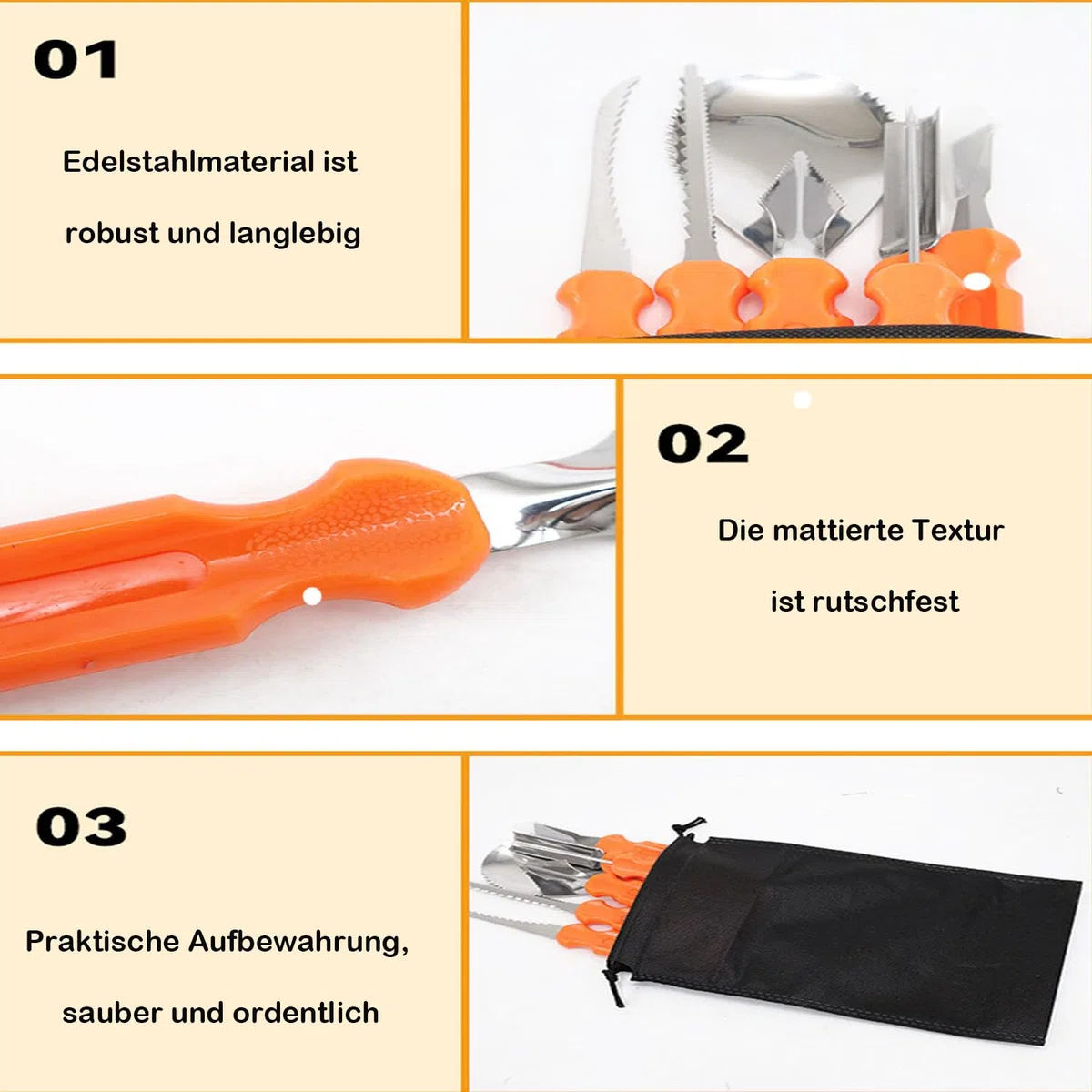 ANBOO Halloween Kürbis Schnitzset, Edelstahl Kürbis Schnitzwerkzeug, Kürbisschnitzset mit Tasche für DIY, Kinder Erwachsene und Familie 7 Stück