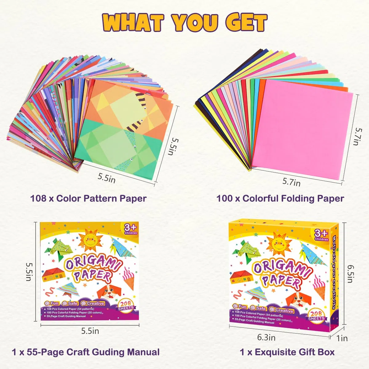Pigipigi Kids Origami Papier Set für Kinder, 208 Blatt mit 54 verschiedenen Motiven und Bastelanleitung, Kreatives Bastelmaterial für Mädchen und Jungen ab 4 Jahren (Tiere)