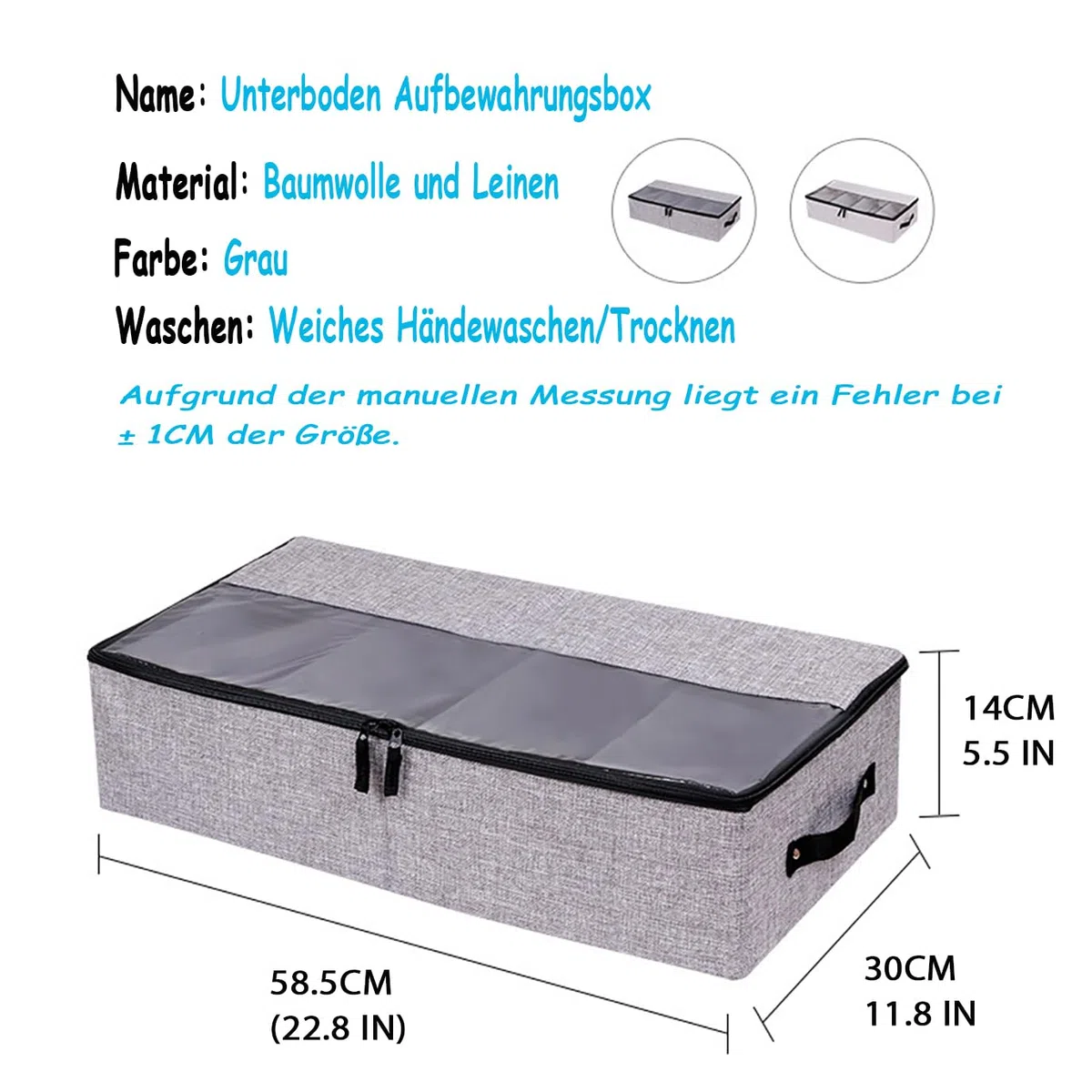AARAINBOW Stoff Unterbettkommode mit Verstellbaren Zellen, Unterbett Schuhe Aufbewahrungsbox mit Deckel, 2 Stück, 24L, 58 cm, Faltbare Unterbett Schuhe Kleidung Aufbewahrung mit Griff (2 Grau)