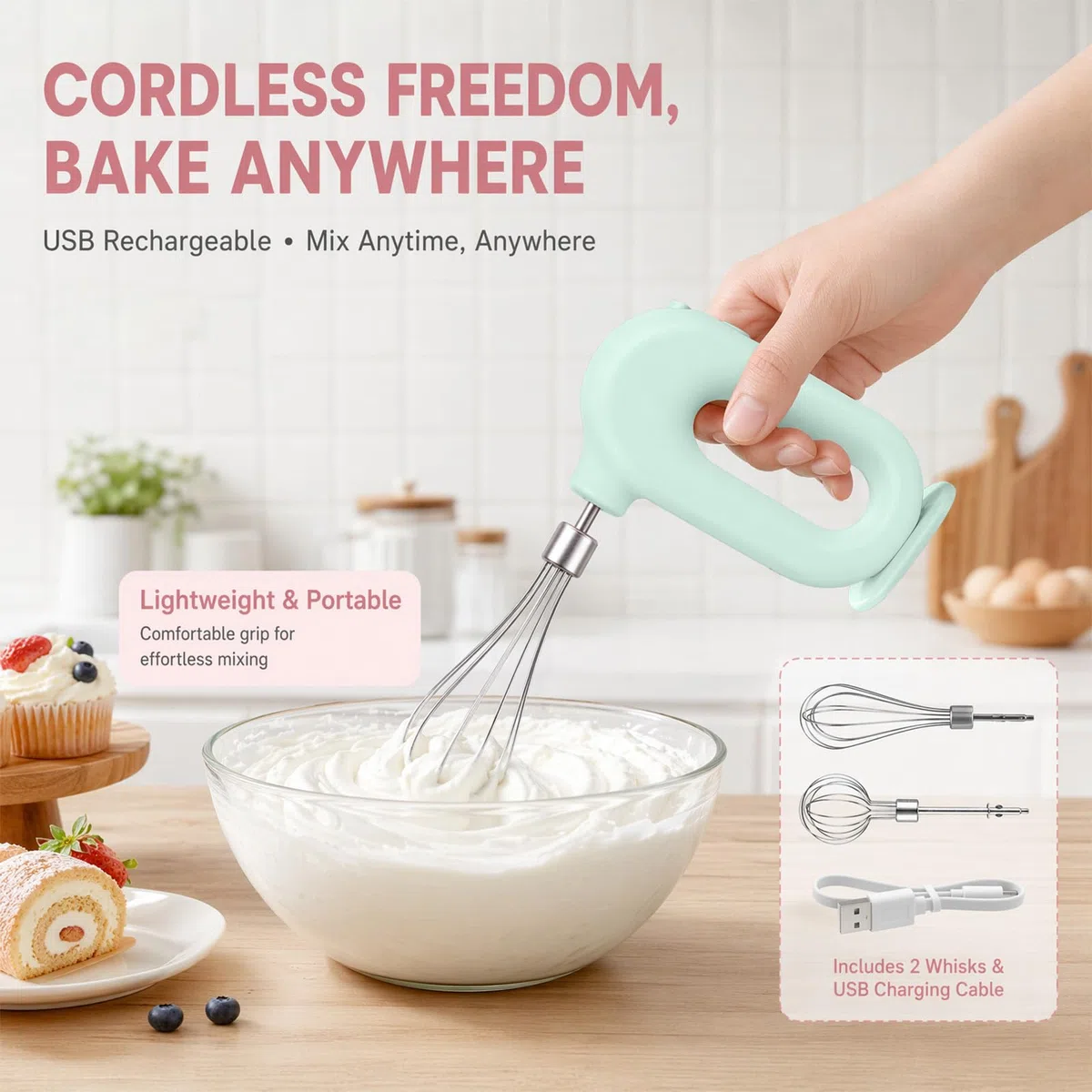 Elektrischer Schneebesen, Kabelloser Hand Mixer, Edelstahl-Schwenkquirl, 4 einstellbaren Geschwindigkeitsstufen, Elektrischer Handmixer mit 2 Quirl-Aufsätzen, über USB aufladbar (Grün)