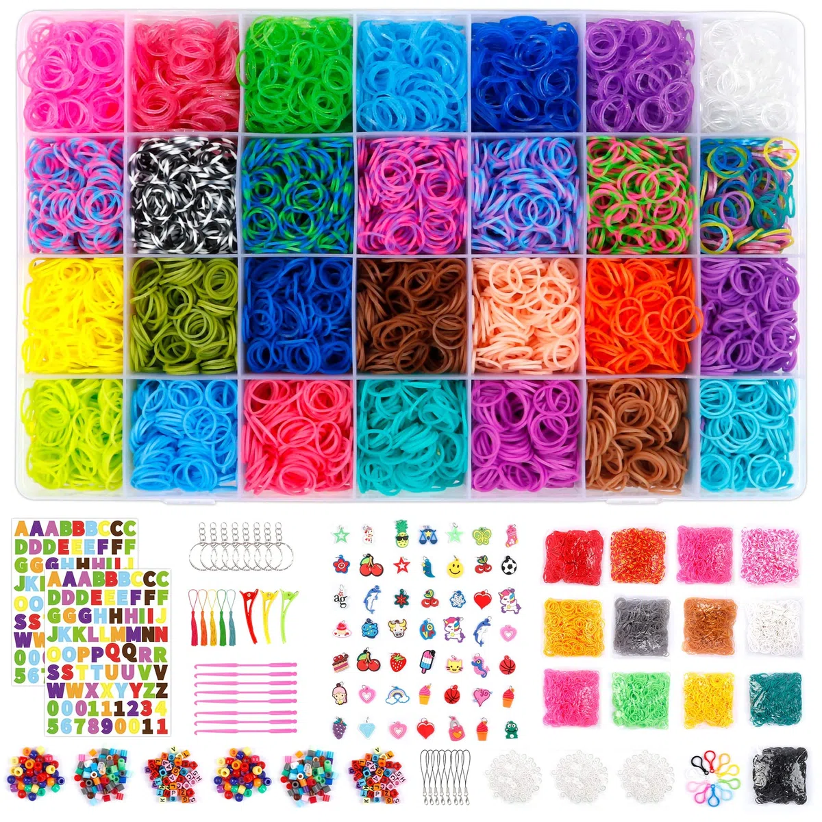 Inscraft 21900+ Loom Bands Refill Kit mit Organizer, 20.000+ Gummibänder in 41 Farben, 1000 Clips, 280 Perlen, 5 Quasten, 5 Häkelnadeln und mehr, Armbandherstellungs-Set