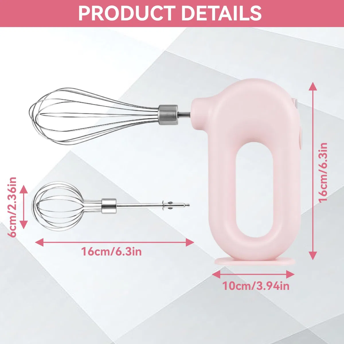 Elektrischer Handmixer Mit Edelstahl Schneebesen, Knet 1500mAh 4 Geschwindigkeit USB Handmixer Klein Kabellos Handrührer Elektrisch-Handrührgerät Elektrischer Whisk Für Schlag, Mischen, Pudding (rosa)
