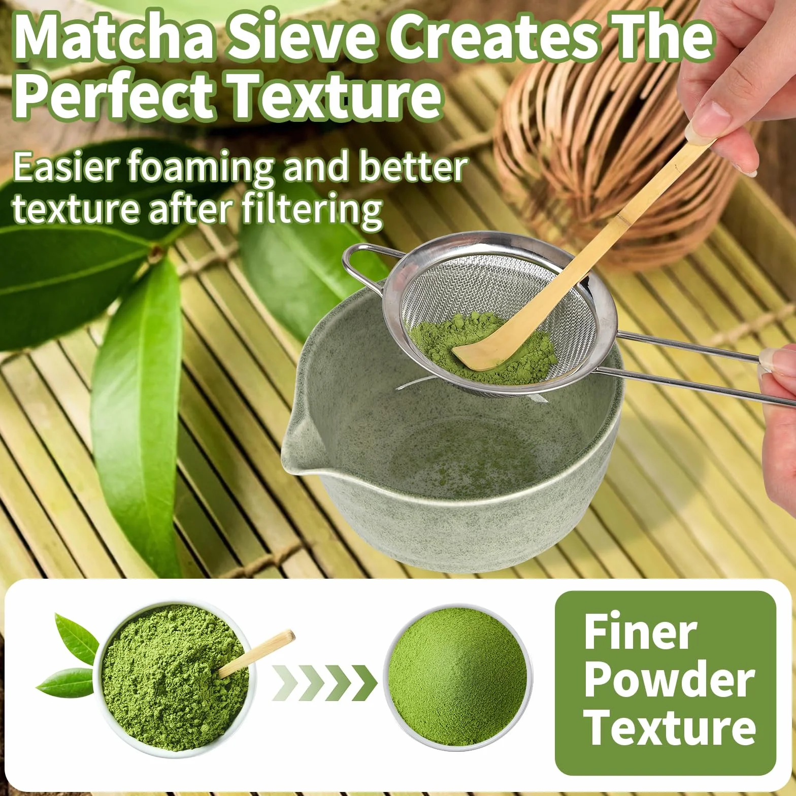 Matcha Set, 6 Stück Matcha Tee Set mit Matcha Besen, Edelstahlsieb, Matcha Schale, 2 Matcha Löffel, Besenhalter aus Keramik, Geschenk für Matcha-Liebhaber, Grün