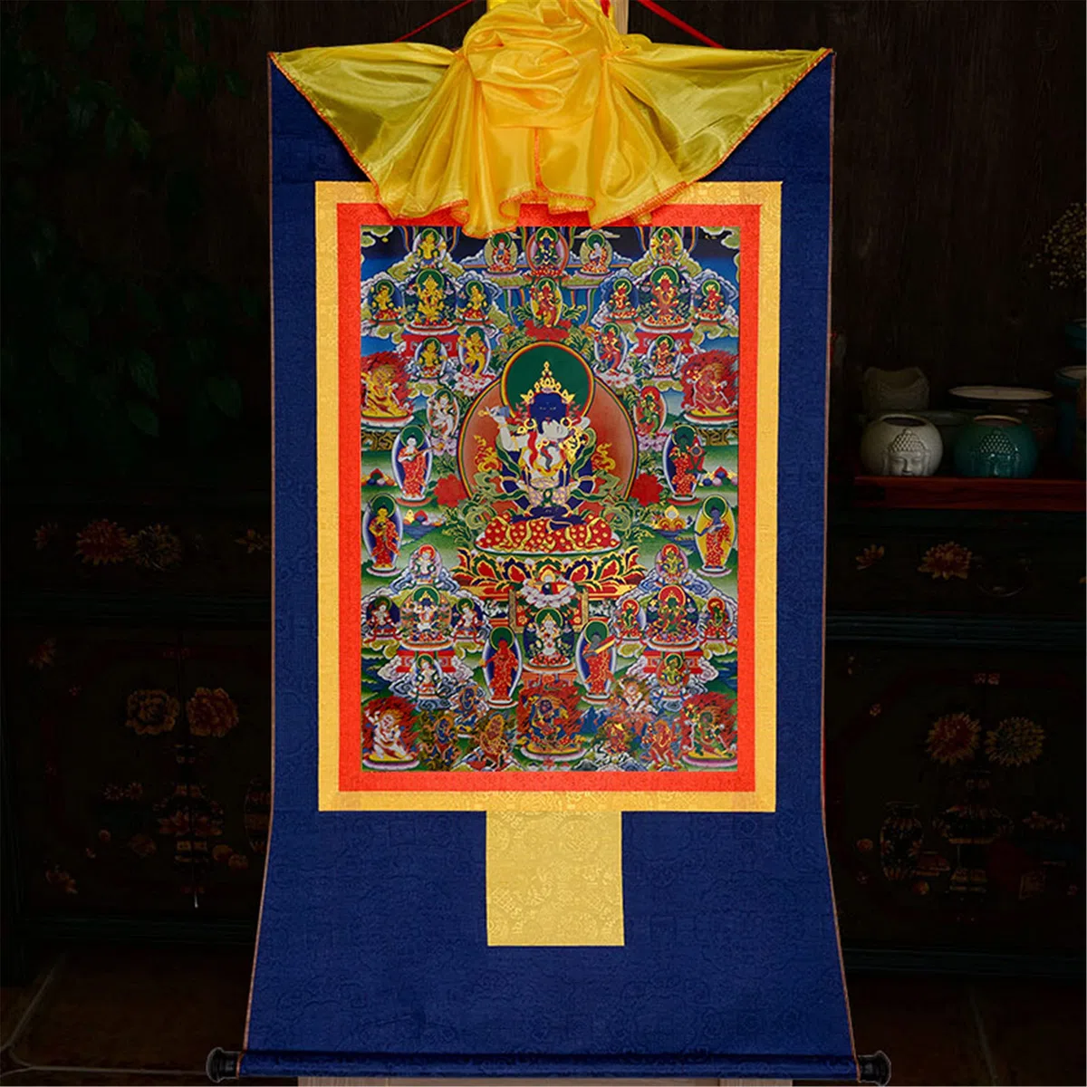 Gandhanra Thangka Tibetische Wandbehang,42 Friedliche Gottheiten des Bardo Thodol (Tibetanisches Totenbuch),Heißgeprägter Buddha Wandteppich für Zen Wohnkultur, Meditation, Spirituelle Entspannung