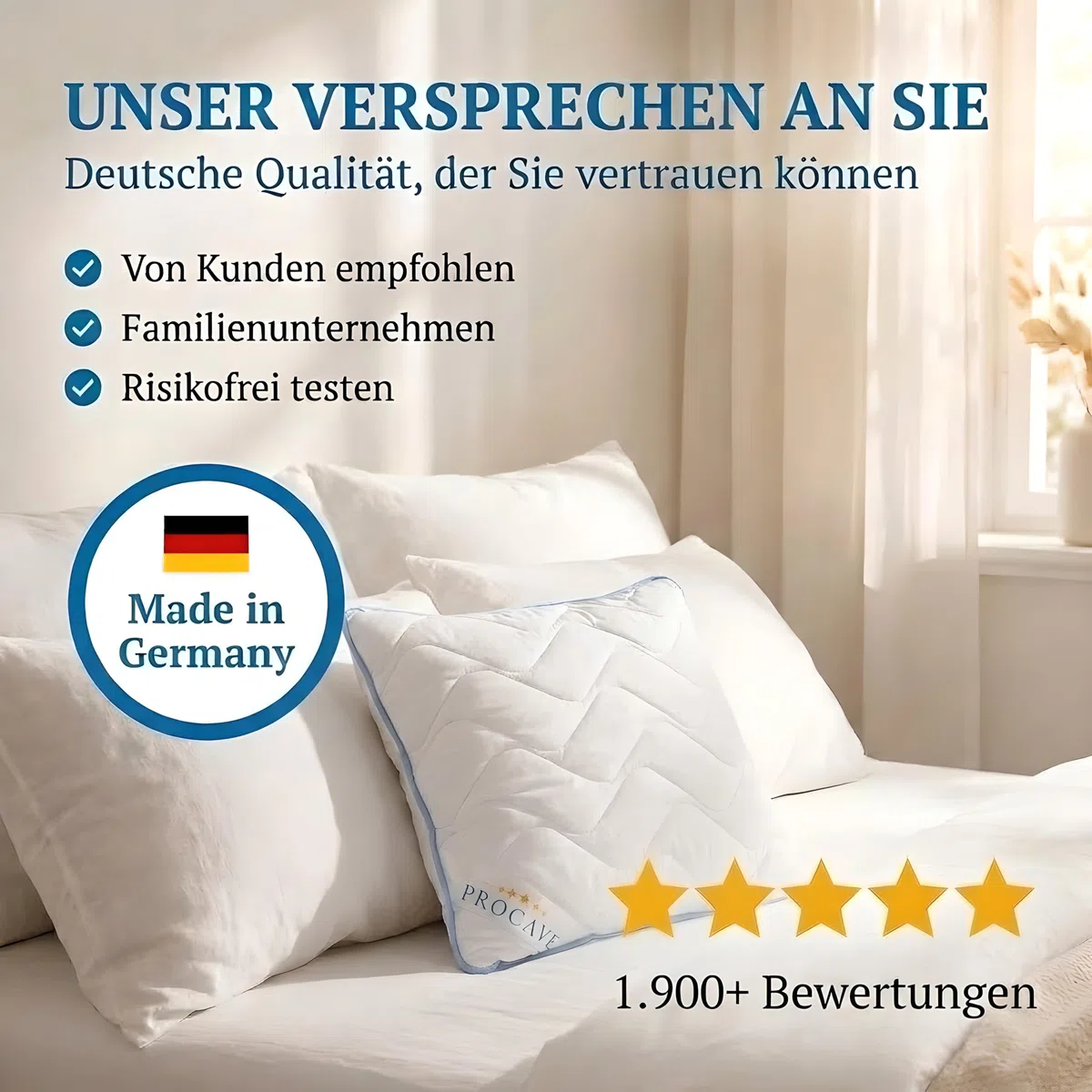 PROCAVE TopCool Kopfkissen Kochfest 40x40 cm, Qualitäts-Stepp-Kissen, atmungsaktives Allergiker Kissen, Winter- und Sommer-Kissen 100% aus Deutschland