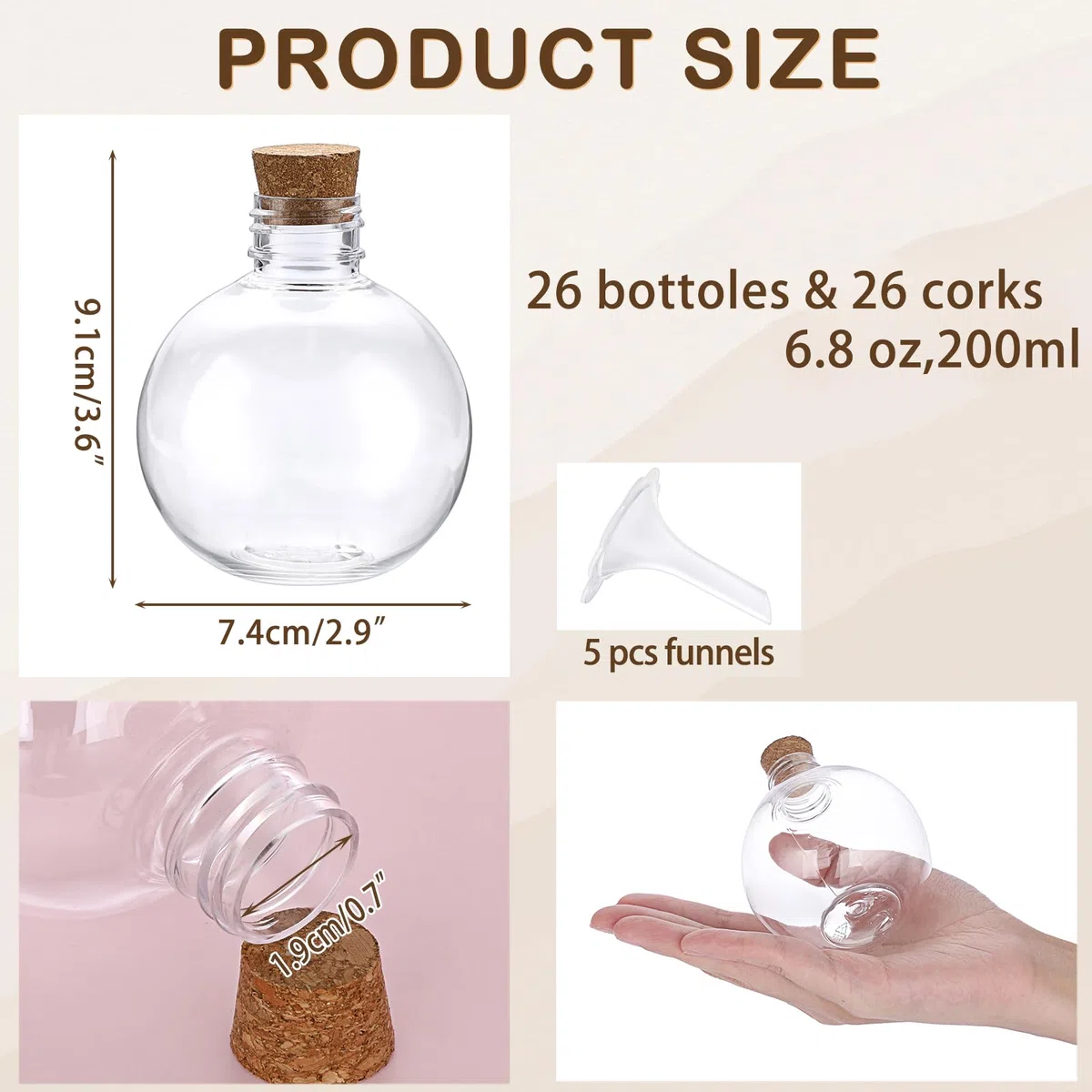 SUMTree 26Pcs DIY Plastikflaschen Sandkunst Flasche mit Kork Mehrzweck Kunststoffflaschen für Süßigkeiten, Saft, Tee, Aromastoffe, Armband Perlen, Wunschsterne (Kugelform, 200ml, mit 5 Trichtern)