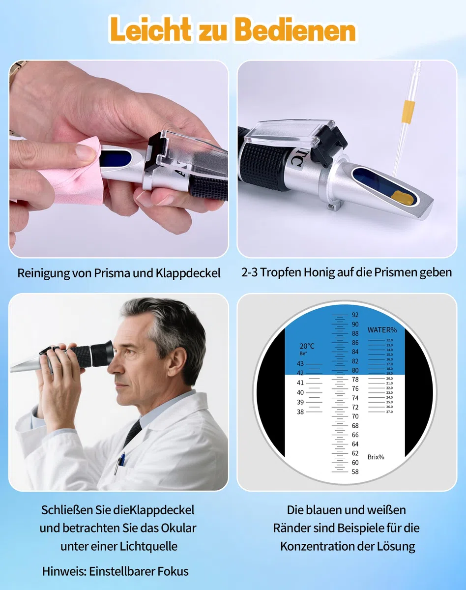 2 in 1 Honig Refraktometer mit ATC Imker Refraktometer Brix 58-90% Wassergehalt im Honig 12-32% Refractometer Honig Handrefraktometer für Honig Zuckersirup Fruchtmarmelade Melasse