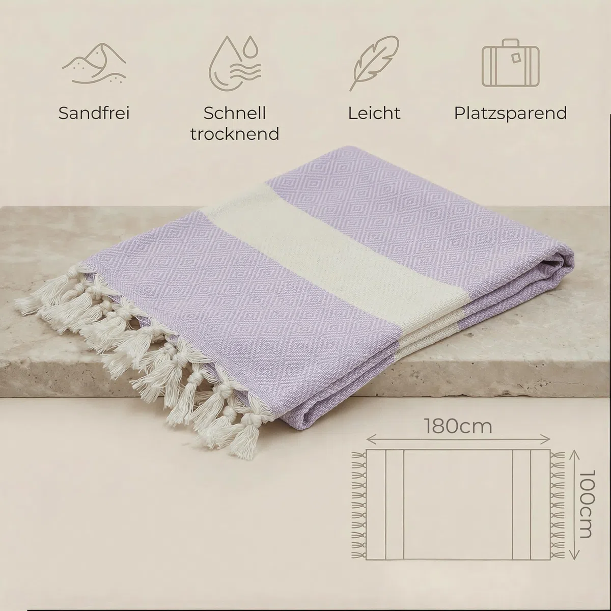 Hamamtuch 180x100 cm aus 100% Baumwolle – Saunatuch/Saunahandtuch & Strandtuch – Leicht, saugstark & schnelltrocknend – Peshtemal (Fliederlila)