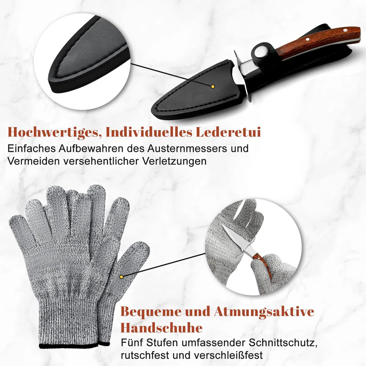 Austernmesser - Austermesser-Set mit 1 Paar Schutzhandschuhe und 1 Leder-Messerschale, Professioneller Austernöffner aus Edelstahl, Holzgriff, Geeignet für Schalentiere oder Harten Käse