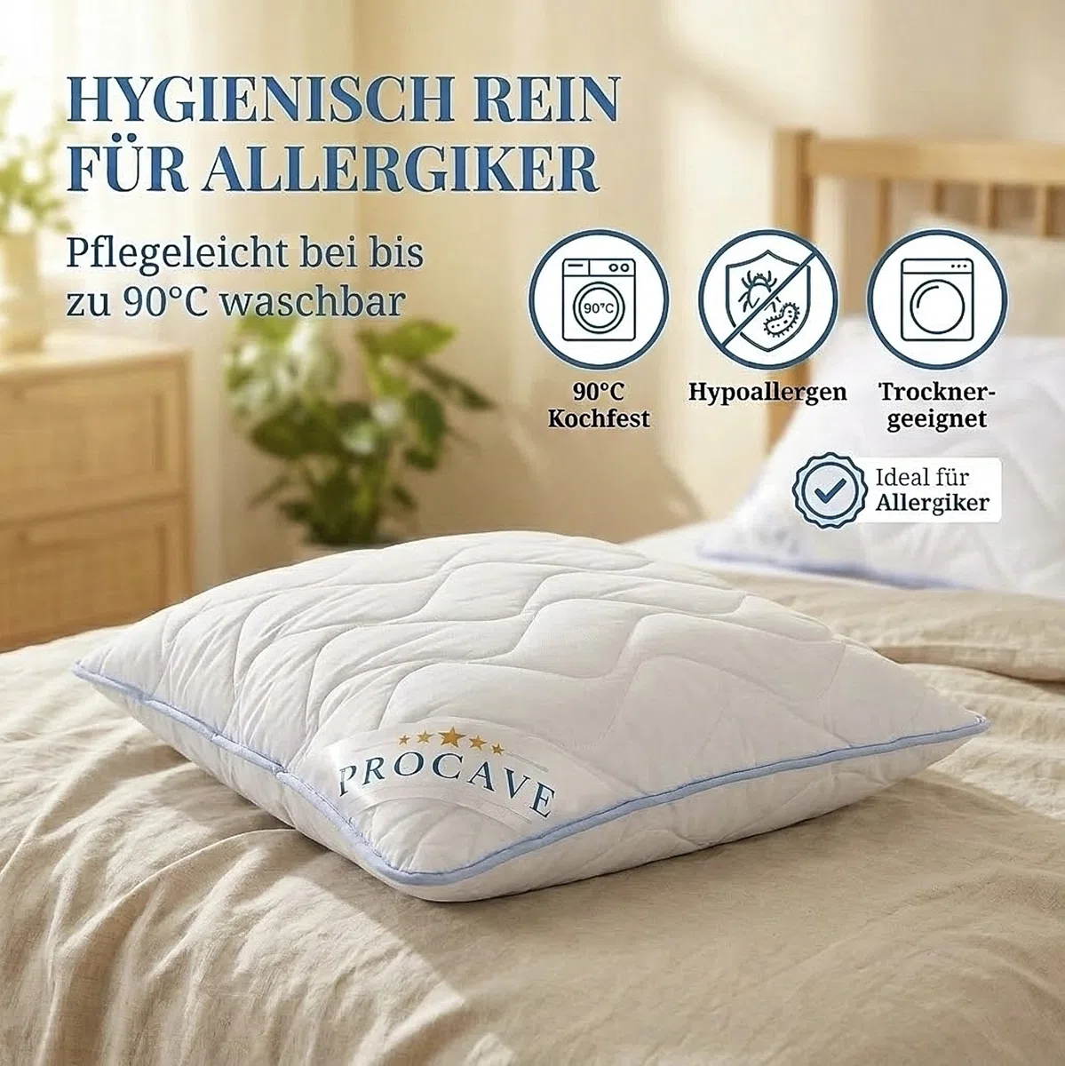 PROCAVE TopCool Kopfkissen Kochfest 40x40 cm, Qualitäts-Stepp-Kissen, atmungsaktives Allergiker Kissen, Winter- und Sommer-Kissen 100% aus Deutschland