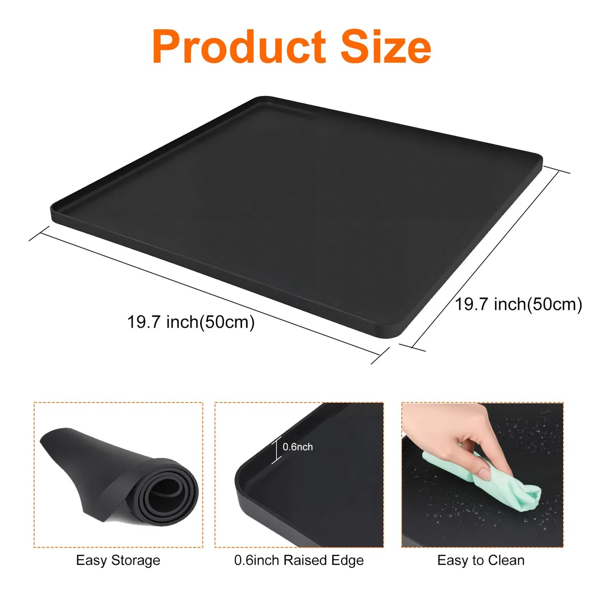 KüHlschrank Matten, 50x50x1.5cm Silikon KüHlschrankmatten Mit ErhöHtem Rand Leck-Proof Washer Drip Tablett Waschmaschinen Unterlage FüR Teppich Boden Schutz, Schwarz