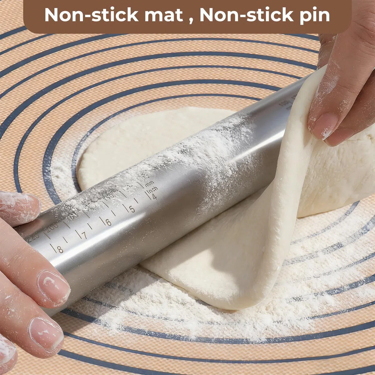 Nudelholz Edelstahl Teigroller mit Dicke-Verstellbares Ringe, Antihaft Teigrolle Rolling Pin, Backunterlage Silikon Backmatte 50x40cm Ausrollmatte Teigmatte Silikonmatte Teigunterlage für Fondant Grau