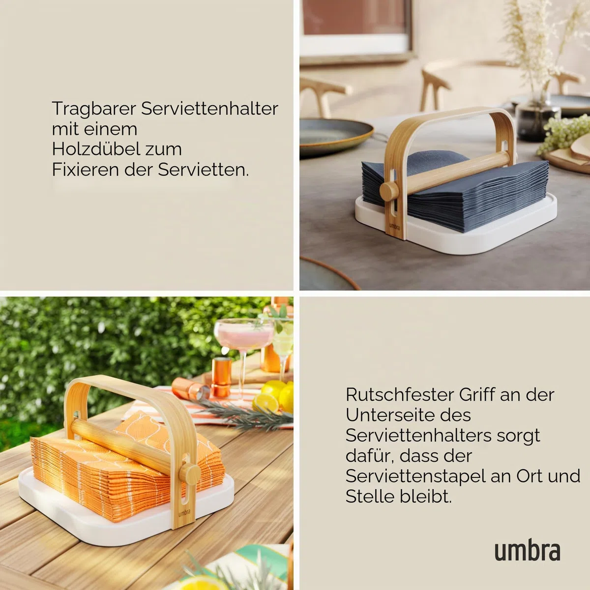 Umbra Bellwood Serviettenhalter, Serviettenspender aus Holz mit Beschwerer, 20x20cm, Weiss/Natur