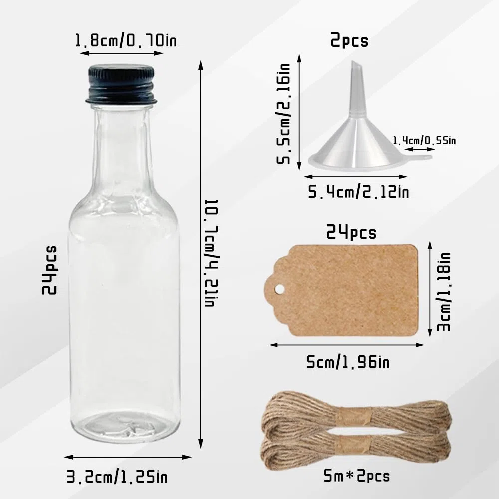 24 Stück Mini Likörflaschen Kleine Flaschen zum Befüllen 50ml Fläschchen Shot Flaschen zum Befüllen Wiederverwendbar Mini Schnapsflaschen mit 2 Trichter und 24 Anhängern für Hochzeiten Party