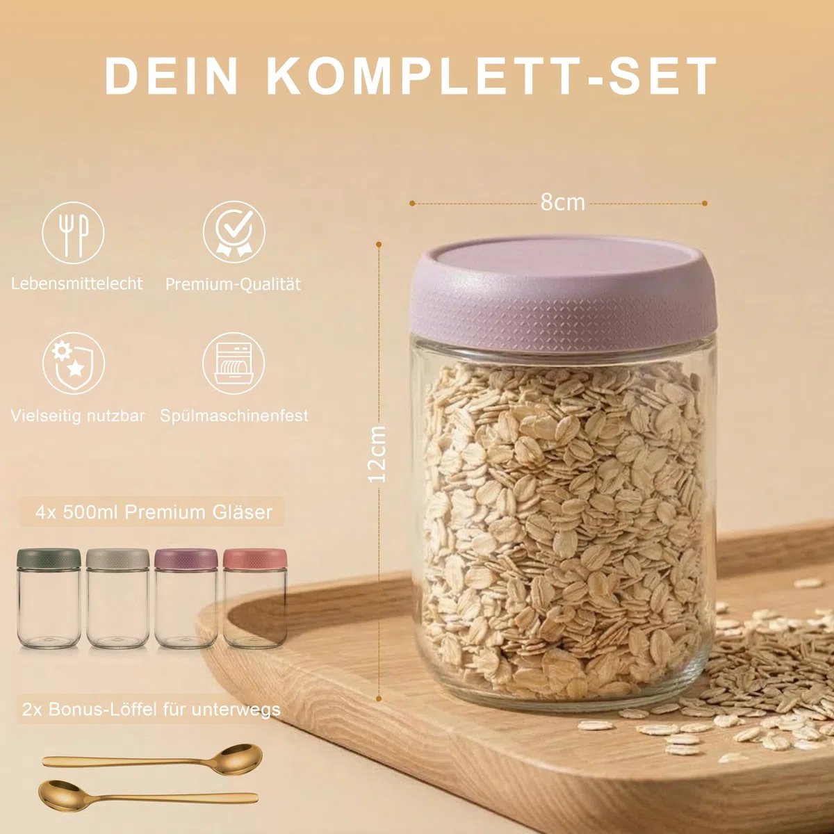 4 Stück Overnight Oats Gläser 500ml mit Deckel, Joghurtbecher To Go aus Glas, Meal Prep Vorratsgläser für Müsli Marmelade und Pudding, Inklusive 2 Löffel, 4 Farben