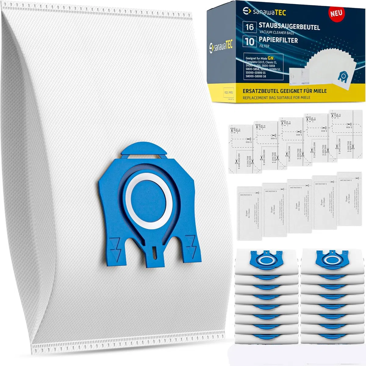 16x Staubsaugerbeutel für Miele Staubsauger kompatibel mit Miele GN Serie S8340 S2 S4 S5 S6 S8, Complete C2 C3 Classic C1 Ersatz für 9917730 12281680 inkl. 5 Motorfilter & 5 Abluftfilter
