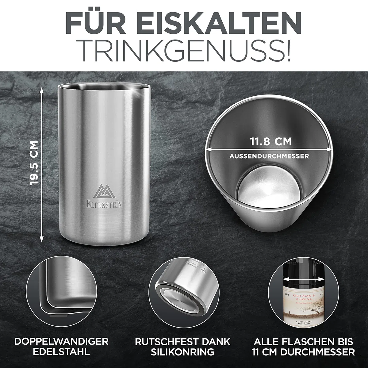 ELFENSTEIN Weinkühler Edelstahl [4h Kühlung & kratzfester Boden] Sektkühler doppelwandig, Flaschenkühler outdoor, Champagnerkühler, Getränkekühler, wine cooler, weinflaschenkühler