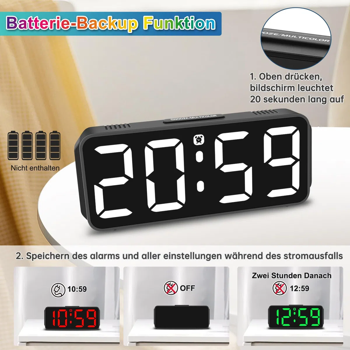 Eachui Wecker Digital RGB Farbiger wecker für Kinder Ohne Ticken Kleiner Uhr Einstellbare Lautstärke und Helligkeit Snooze Funktion 12/24 Stunden Netzbetrieben
