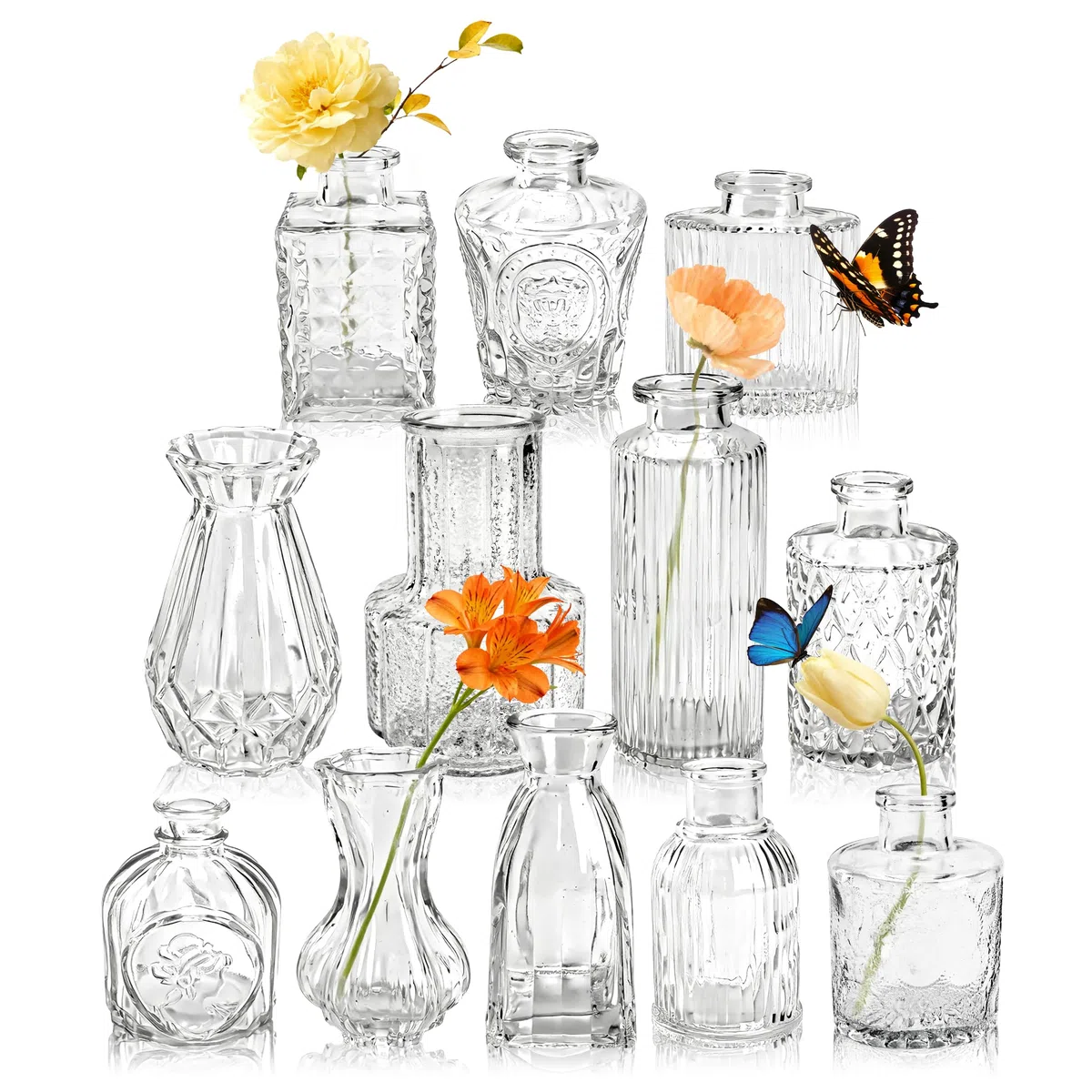 Der Rose 12 Stück Kleine Vasen Glasvasen für Tischdeko Mini Vintage Vasen Set für Hochzeitsdeko Party Deko Geschenk